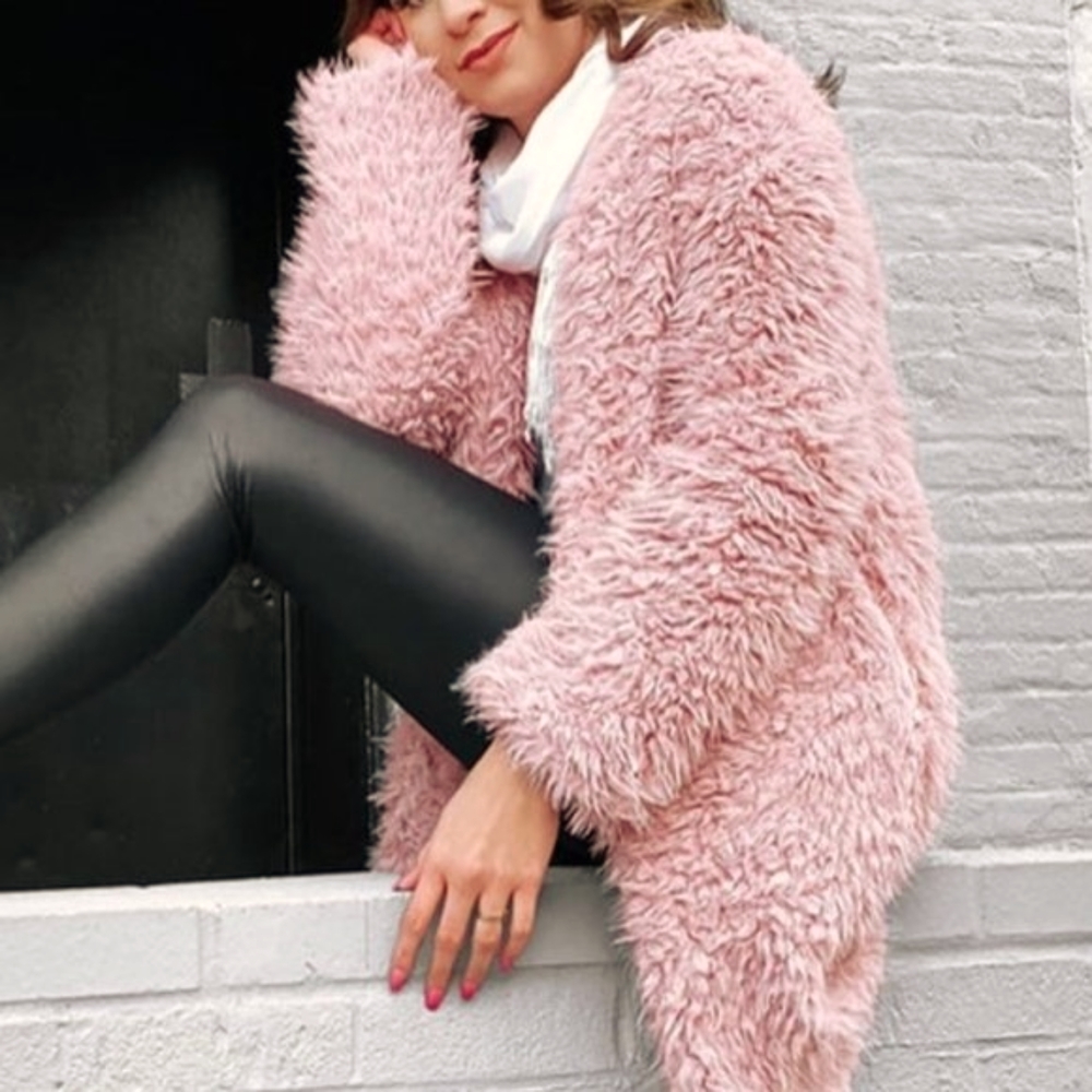 Pink oversized Open Front Fuzzy teddy Coat jacket - Picture 2 of 12